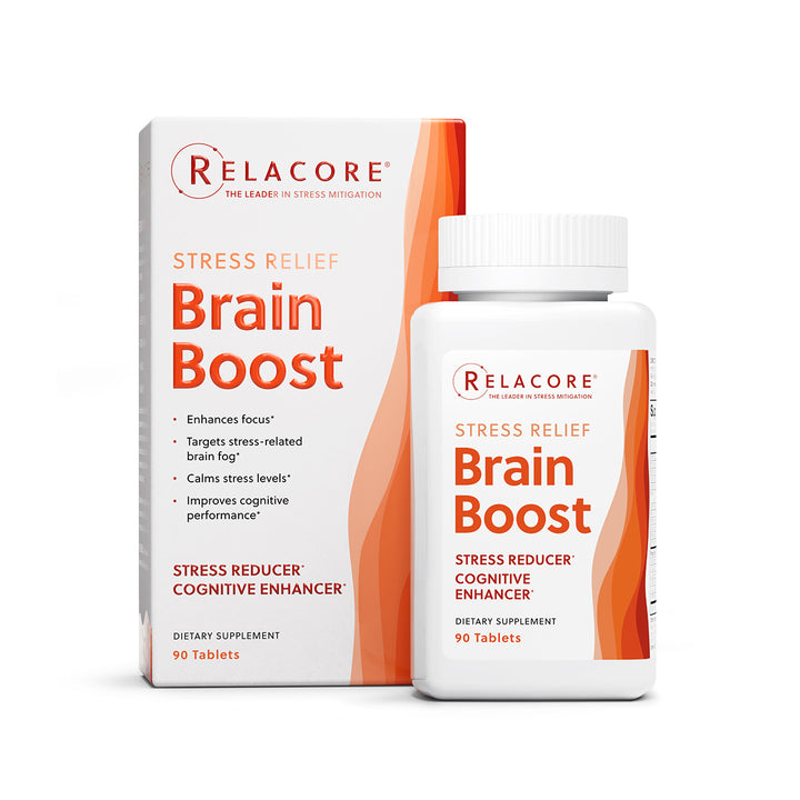 A box and bottle of stress reliving Brain Boost