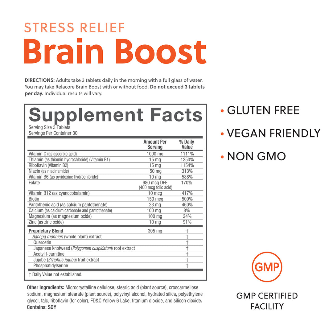The ingredient listing and text showing Brain Boost is gluten-free, vegan friendly, and non GMO