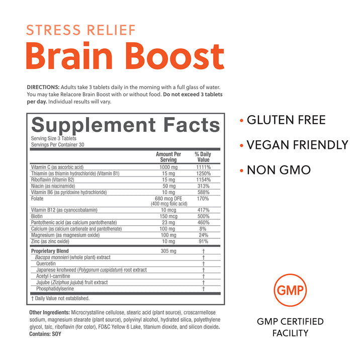 The ingredient listing and text showing Brain Boost is gluten-free, vegan friendly, and non GMO