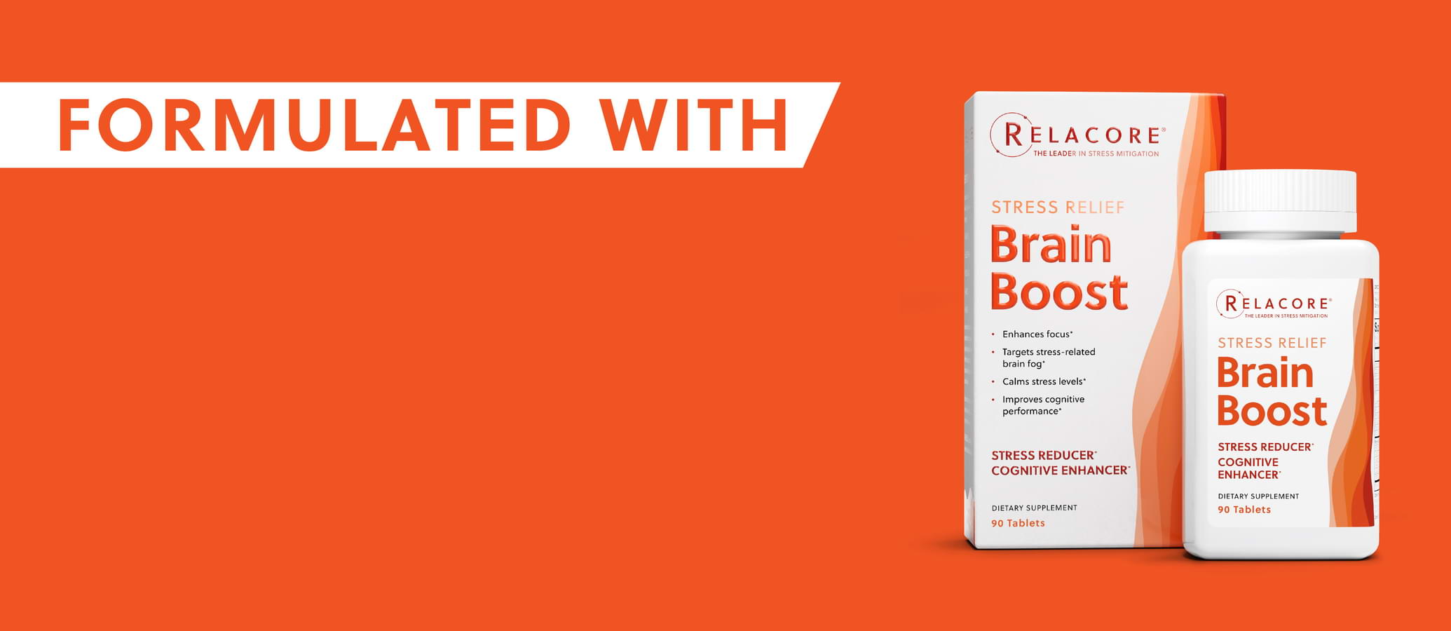 A box and bottle of cognitive enhancer, stress-reducer Brain Boost on an orange background