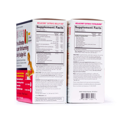Relacore The Ultimate Super Fat-Burning Belly Bulge Kit Product Image - Sides of Box Showing Supplement Facts PanelsRelacore The Ultimate Super Fat-Burning Belly Bulge Kit Product Image - Sides of Box Showing Supplement Facts Panels